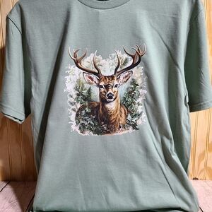 Sage Green Deer Nature Shirt – Forest Wildlife Graphic Tee, Outdoorsy Woodland
